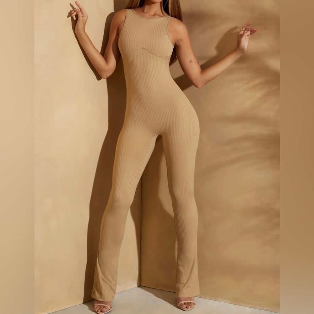 Oh Polly Ribbed Tan Jumpsuit